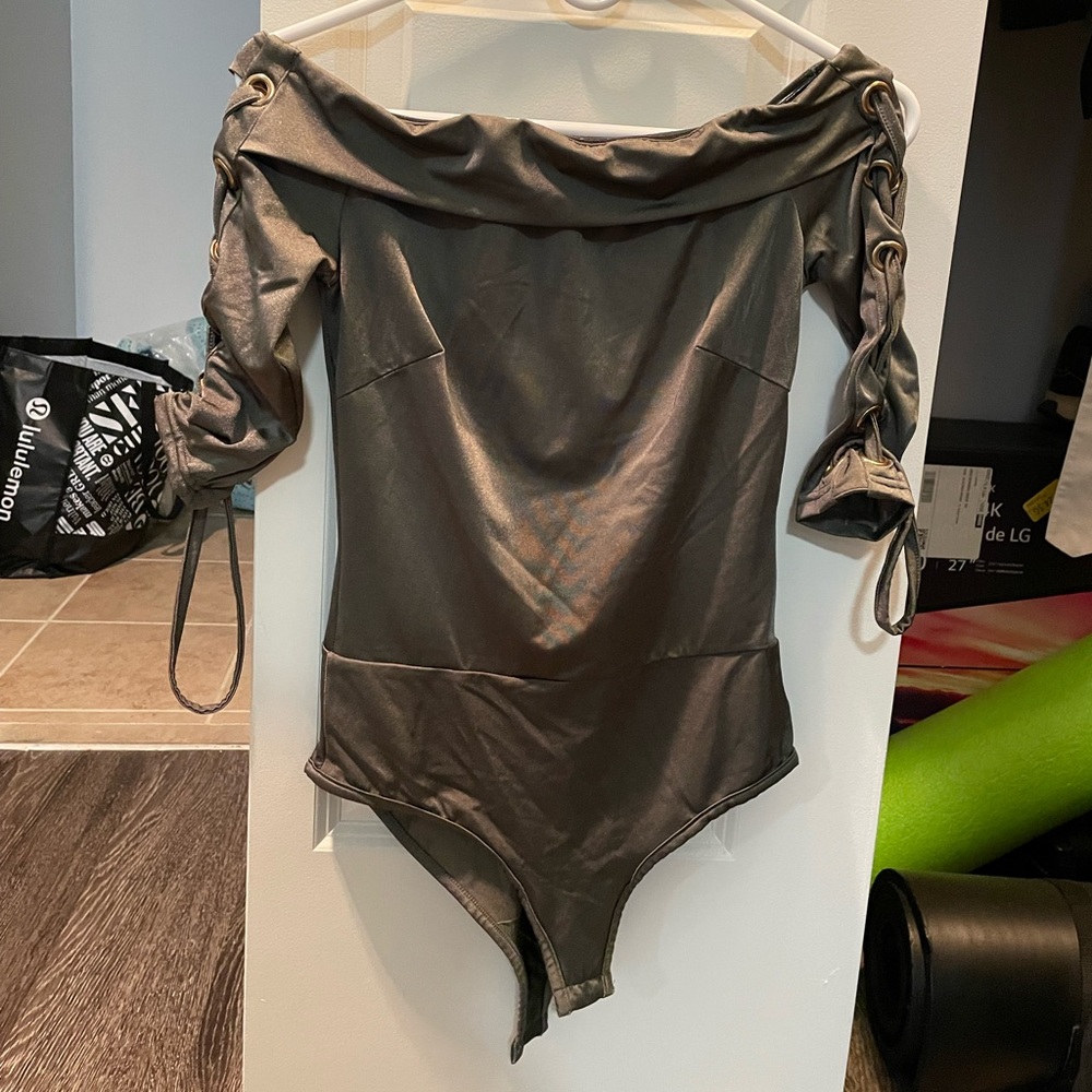 Olive green, off-the-shoulder, spandex bodysuit.